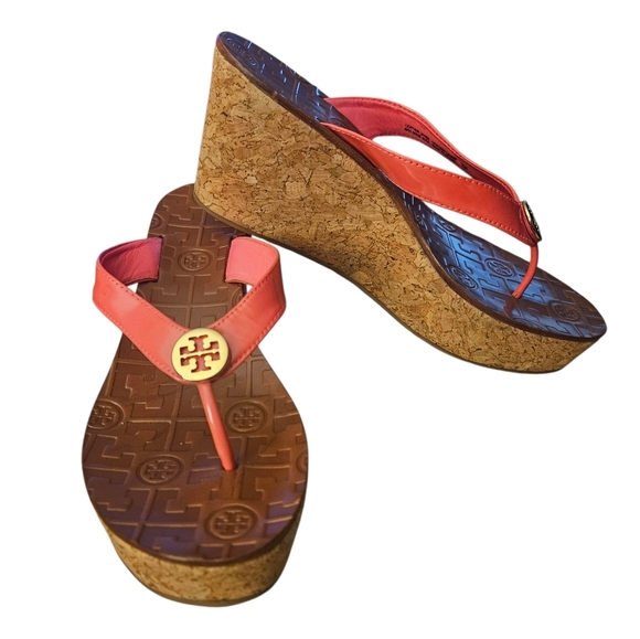 Tory Burch Pink Platform Cork Wedge Flip Flops Sandals Size 7 Women's - Picture 1 of 15